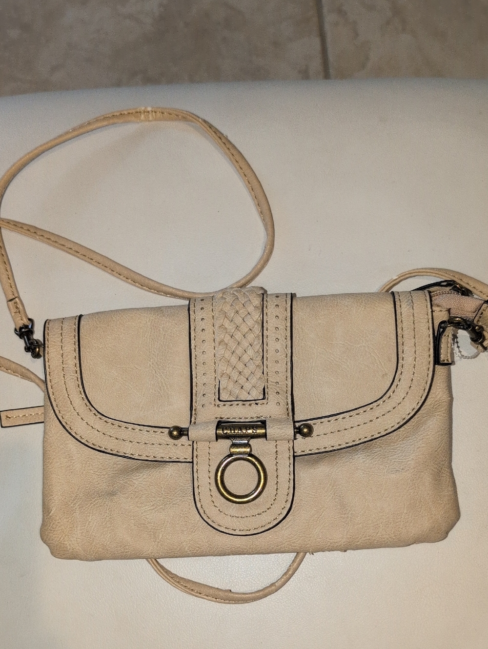 Chaps Beige Crossbody Bag with Woven Accent And Wristlet Strap